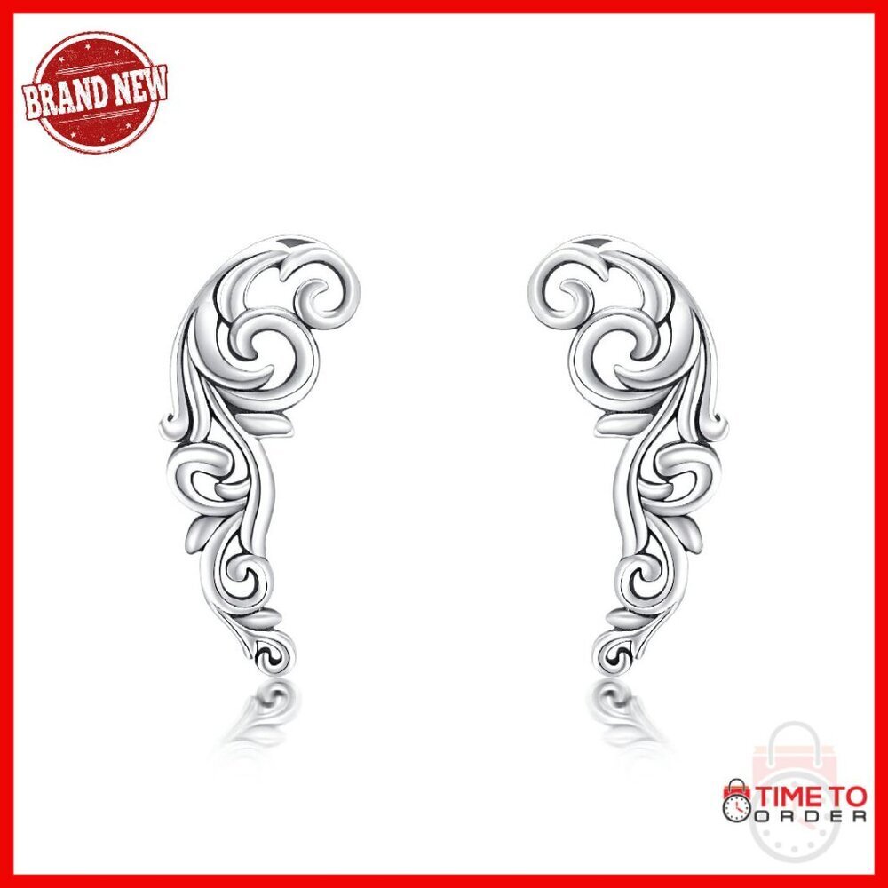 Sterling Silver Ear Climbers Vintage Baroque Leaf Design 0.98 Inch